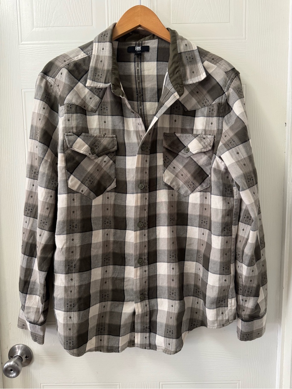 Frye Men's Gray and White Plaid Button-Down Shirt